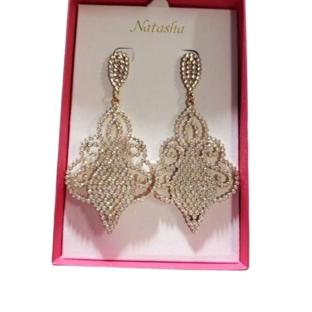 Natasha Gold Tone Rhinestone Chandelier Statement Drop Earrings Bridal Pageant
